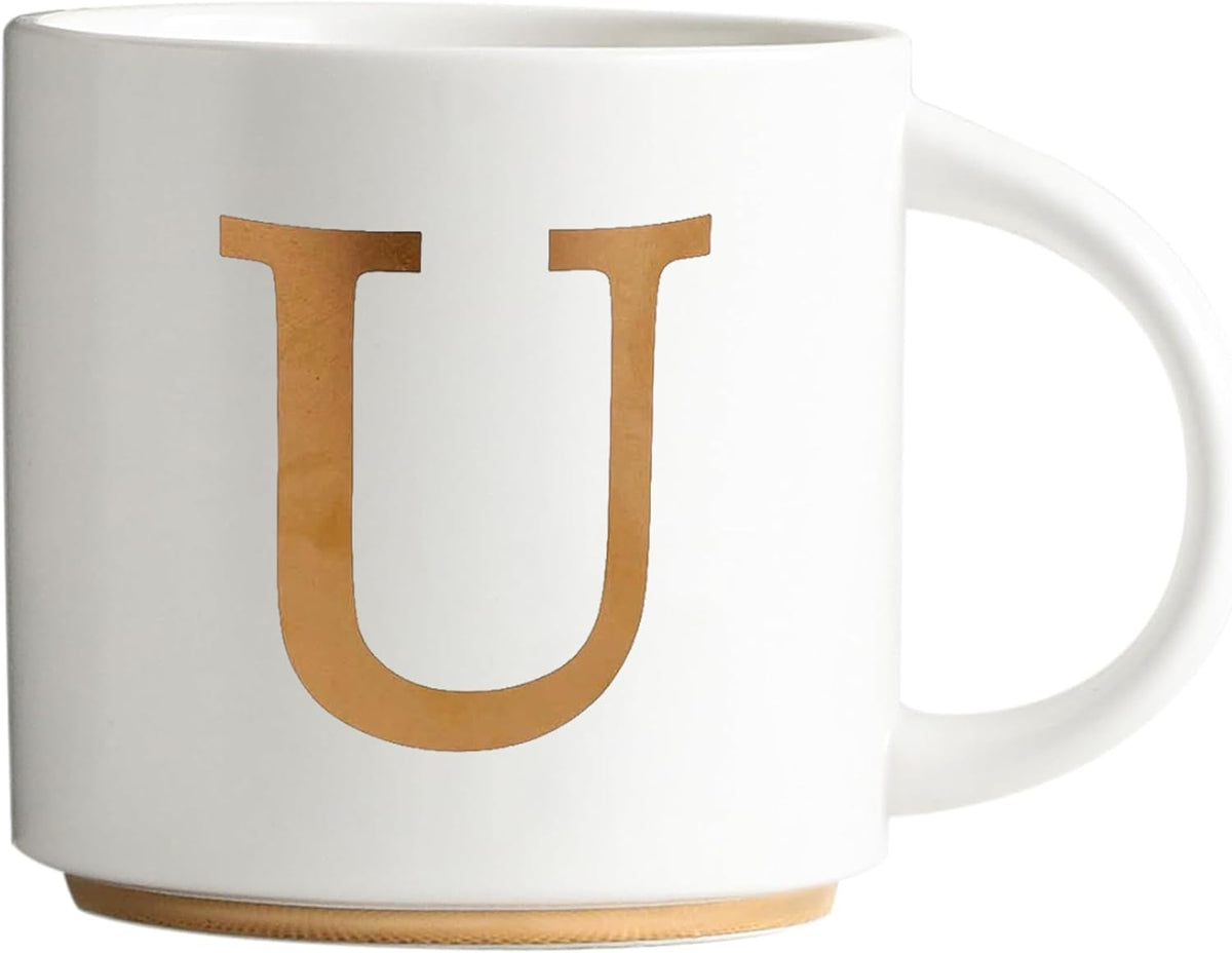 COLLECTIVE HOME - Monogram Ceramic Mugs, 15 oz Golden Initial Coffee Cups, Elegant Alphabet Tea Mugs, Elegant Personalized Mug with Gift Box, Unique Mug with Double Side Capital Letter (U)