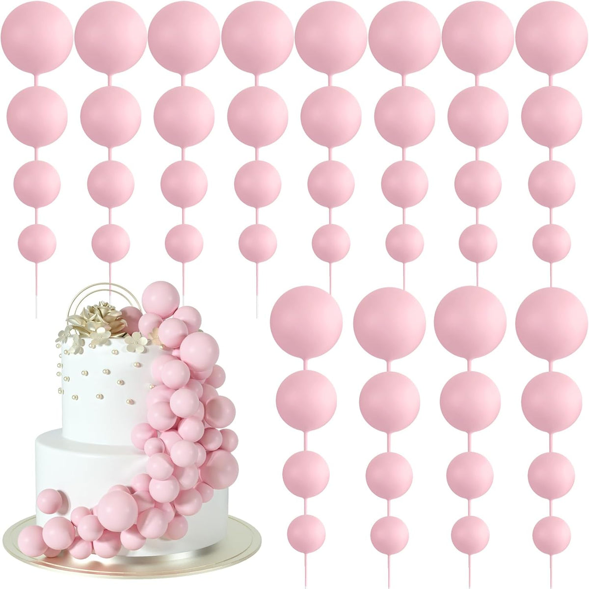 48 Pcs Balls Cake Topper Decorations Balloon Cupcake Toppers Foam Cake Topper Balls Cake Balls Decorations for Birthday Party Wedding Anniversary Cake Decorating (Pink)