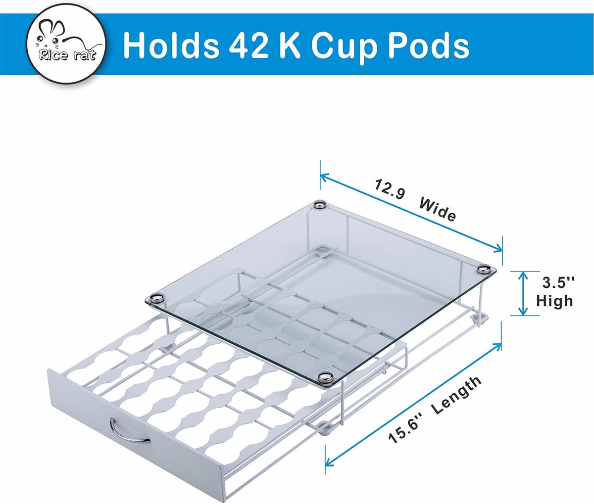 Rice rat K Cup Pod Holde Glass Top Drawer,Coffee Pod Holder Capsule Display Storage compatibility 42 k-cup(white)
