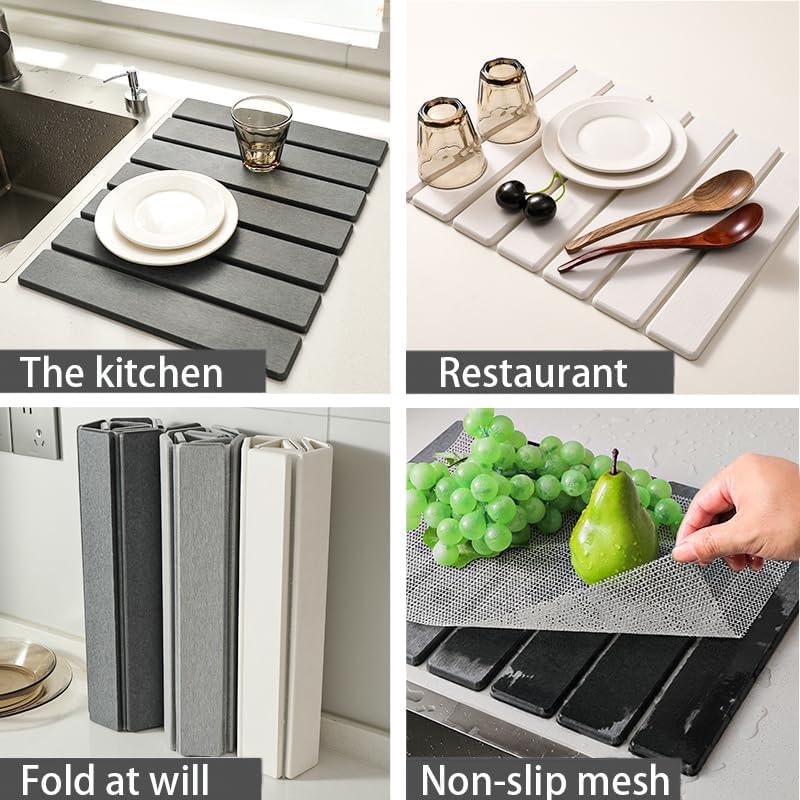 Stone Dish Drying Mats for Kitchen Counter,24×16 IN,Foldable Dish Drying Mat,Equipped Dish Rack，Strong Water Absorption，Diatomaceous Earth Material，Suitable for Plates,Cups and Any Kitchen Utensils