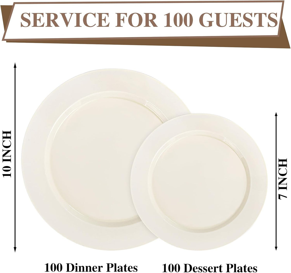 I00000 200 Pcs Ivory Plastic Plates, Disposable Party Plates Include 100 Ivory Dinner Plate 10’’ and 100 Plastic Dessert Plate 7’’ Perfect for Birthday, Party & Wedding