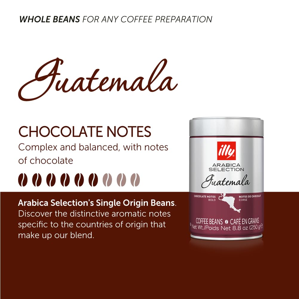 illy Whole Bean Coffee - Perfectly Roasted – Guatemala Dark Roast - with Notes of Chocolate – Complex & Balanced - 100% Arabica Beans - No Preservatives – 8.8 Ounce