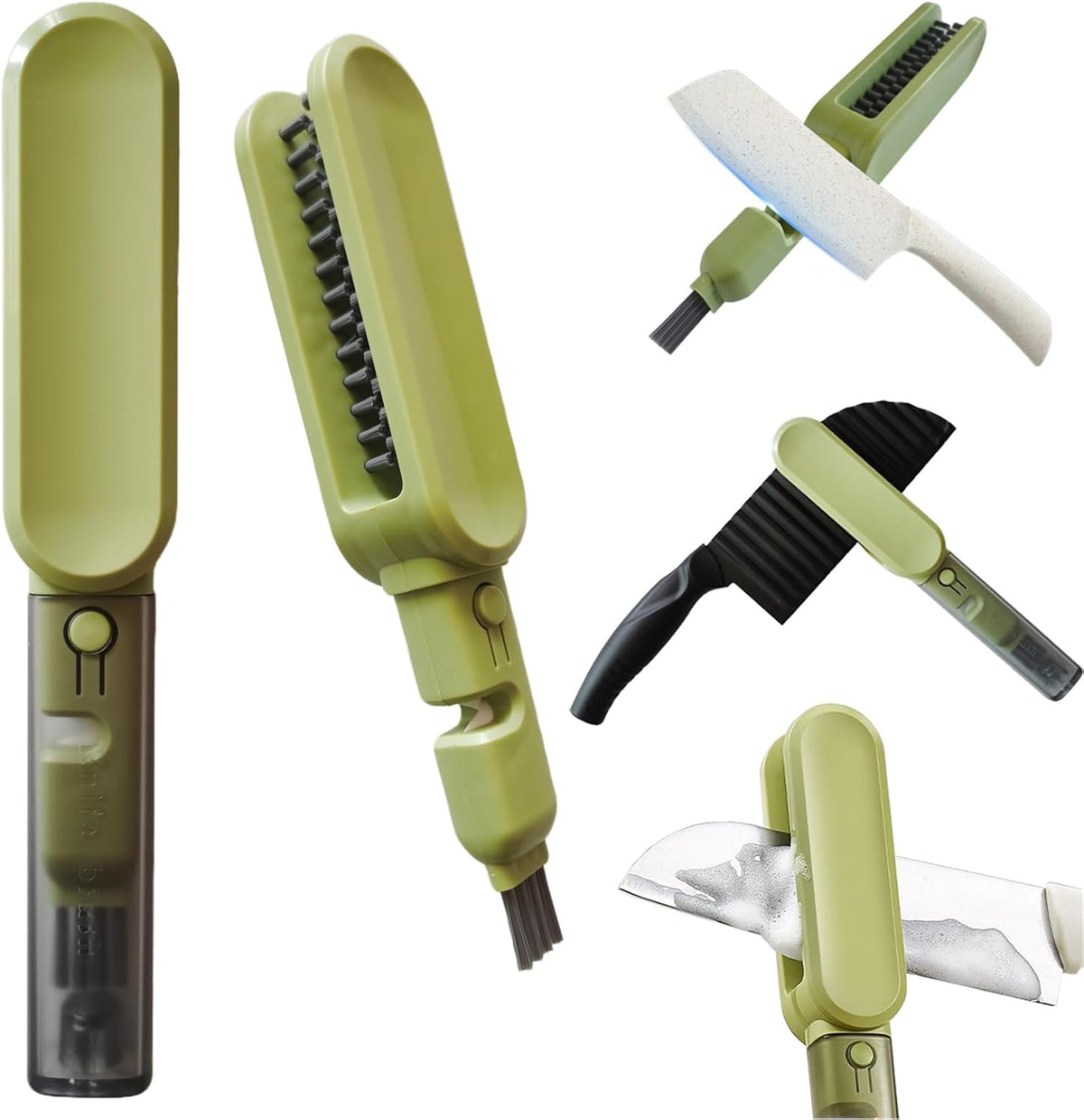 Knife Blade Brush with Long Handle and Lid Integrate Knife Sharpener and Gap Cleaning Brush, Double Side Bristle Scrubber for Kitchen knife Blade Chopsticks Dish Cutlery Fork Spoon's Washing