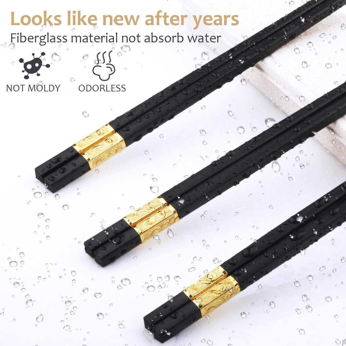 10 Pairs Fiberglass Chopsticks, GLAMFIELDS Reusable Japanese Chinese Korea Chop Sticks Dishwasher Safe, Non-slip, 9 1/2 inches Gold