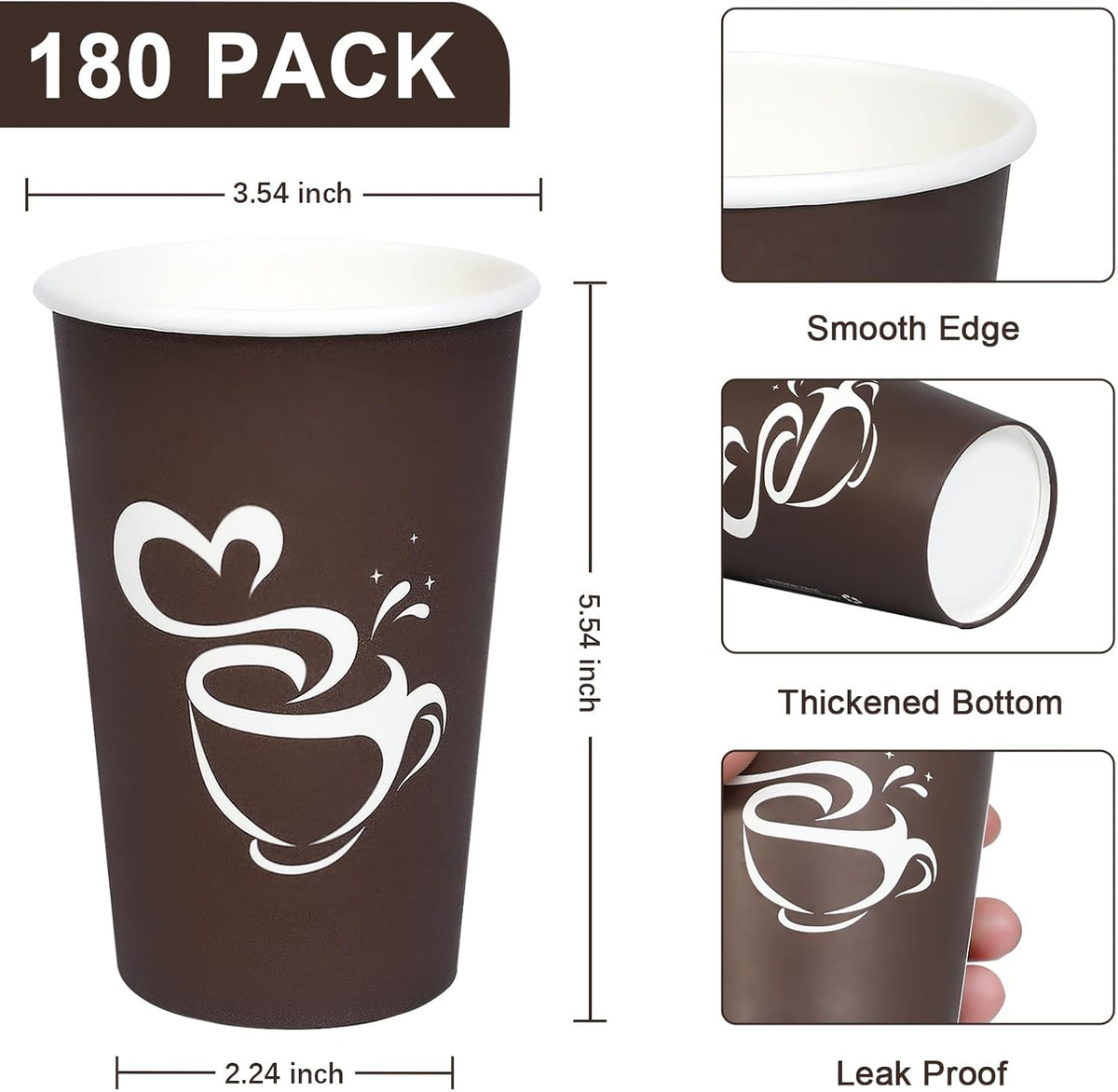 180 Count 16 oz Paper Coffee Cups, Disposable Drinking Cup for Hot or Cold Beverage, 16 ounce Brown Coffee Cups for Party, Home, Travel, Picnic
