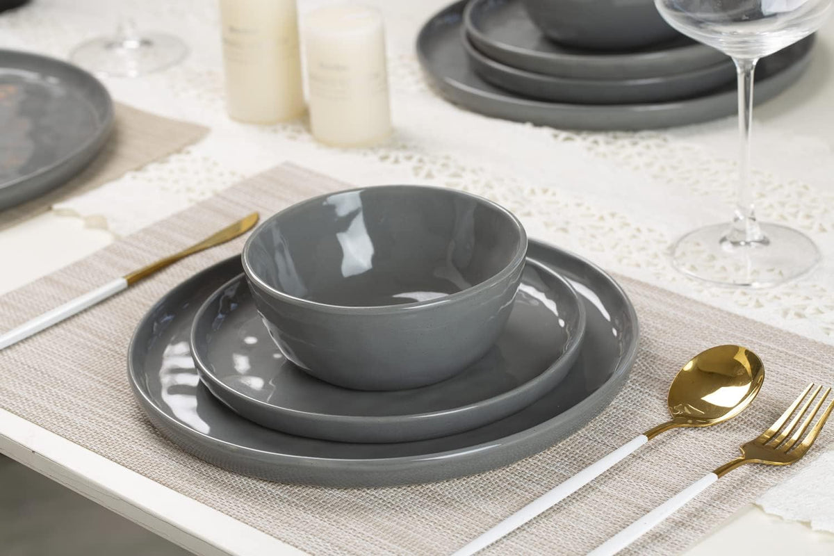 Famiware Mars Plates and Bowls Set, 12 Pieces Dinnerware Sets, Dishes Set for 4, Dark Gray