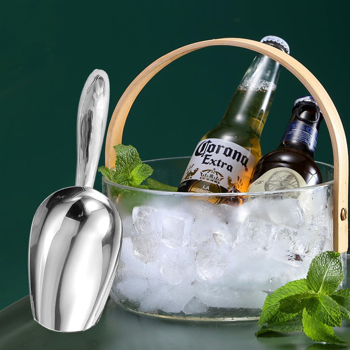 Metal Ice Scoop，Kitchen Ice Scooper for Ice Maker,Stainless Steel Small Ice Scooper for Freezer，Kitchen Gadgets Cookie Flour Pet Dog Food Scoop (Curved handle silver, 6OZ)