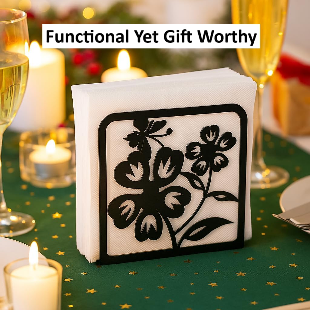 Decorative Metal Napkin Holder Set – Cat & Floral Design – 2 Sizes for Everyday & Cocktail Napkins – Black Modern Kitchen Coffee Filter Holder for Size #2 & #4 coffee filters.