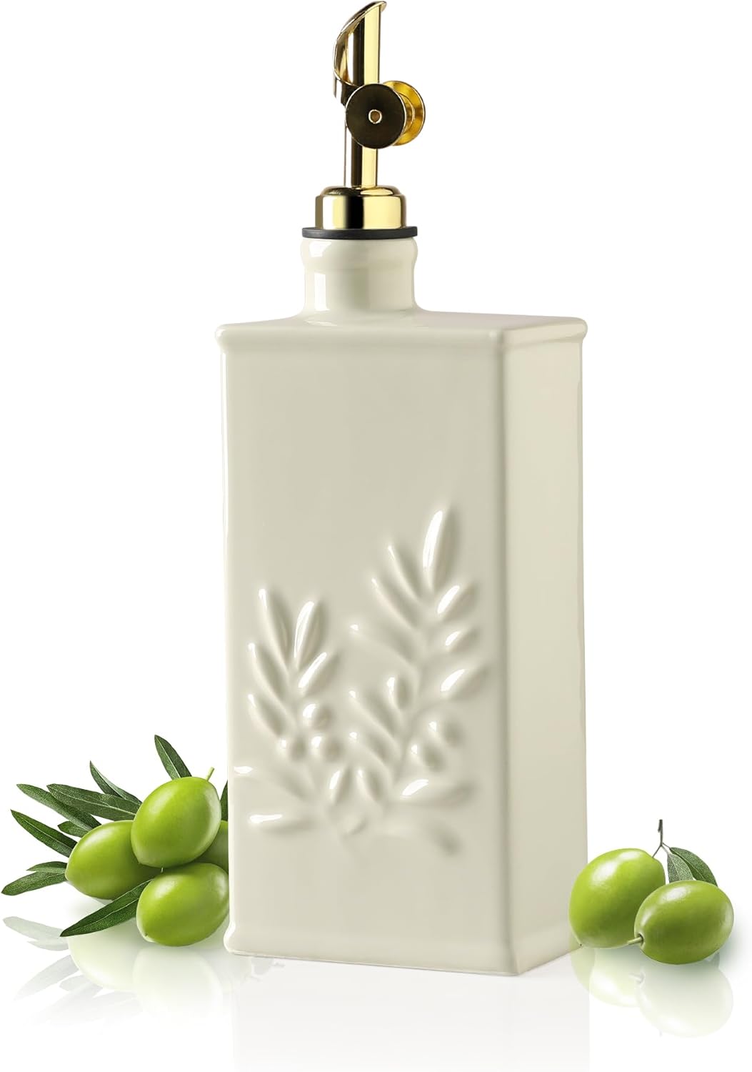 Sweejar Ceramic Olive Oil Dispenser Bottle for Kitchen, 17 Oz Relief Opaque Oil and Vinegar Dispenser Bottle with Spout, Suitable for Soy Sauce, Coffee Syrup, Liquids (Beige)