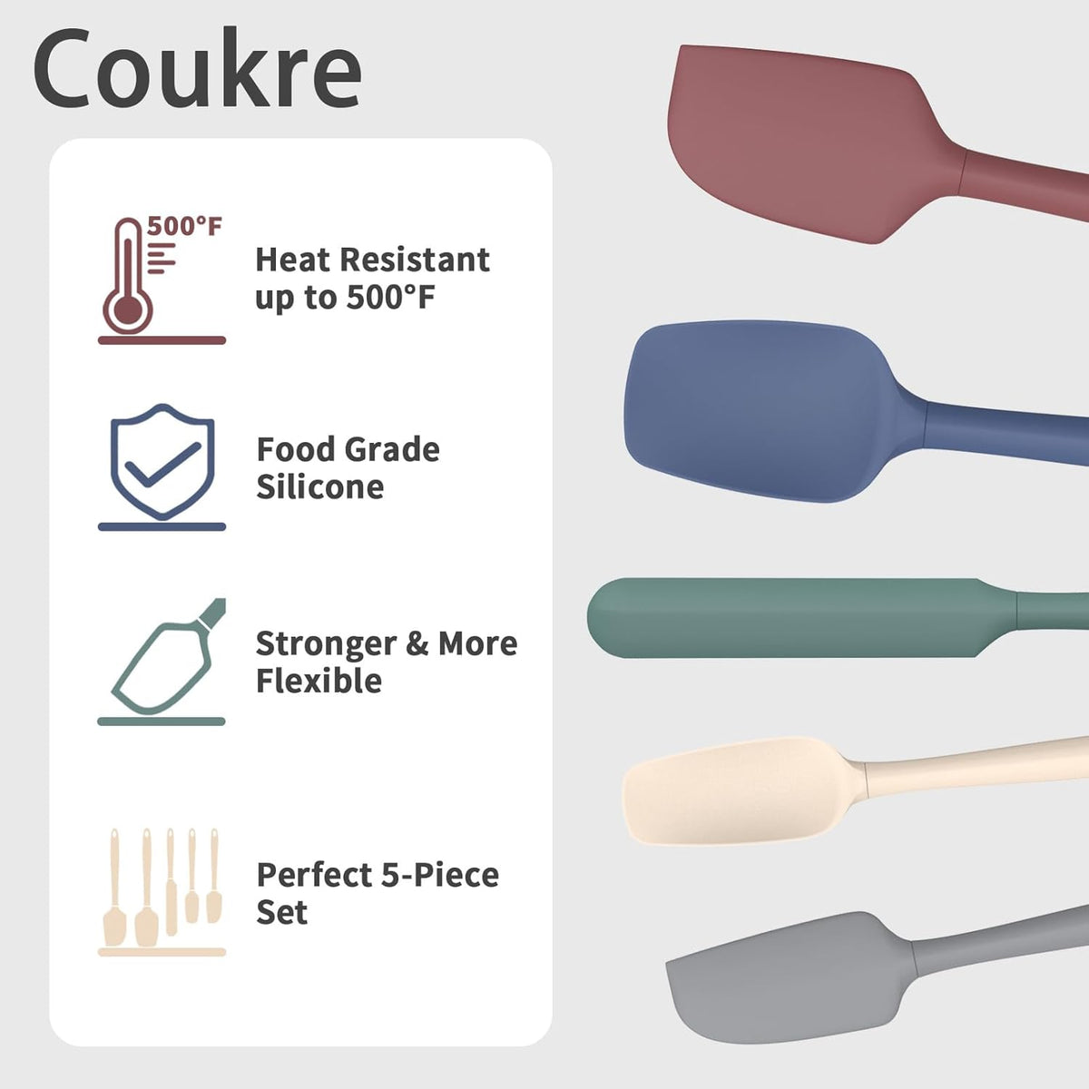 Coukre Silicone Spatula Set of 5,High Temperature Resistant, Food Grade Silicone, Dishwasher Safe, for Baking, Cooking (Colorful-3)