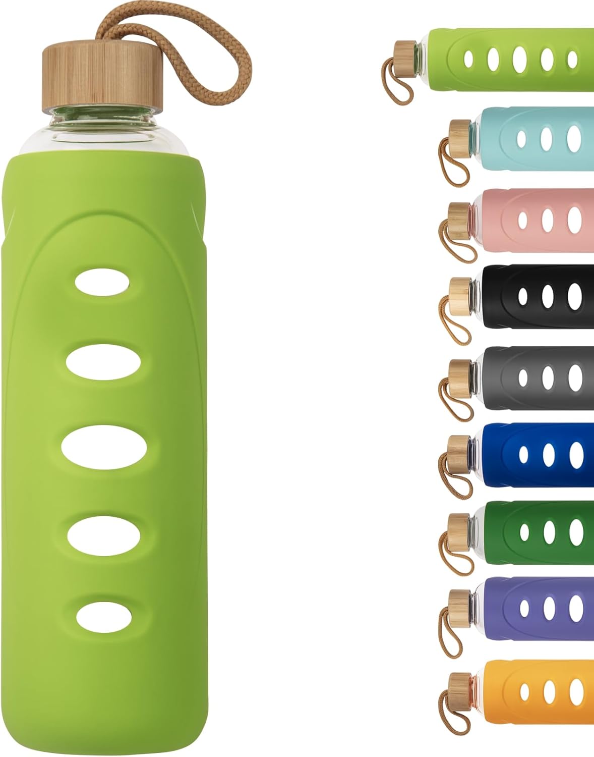 Sport 32oz Glass Water Bottle 1000ml /1 liter Borosilicate Glass Water Bottle Reusable Waterbottle Jugwith Silicone Sleeve and Unique Lid (Green