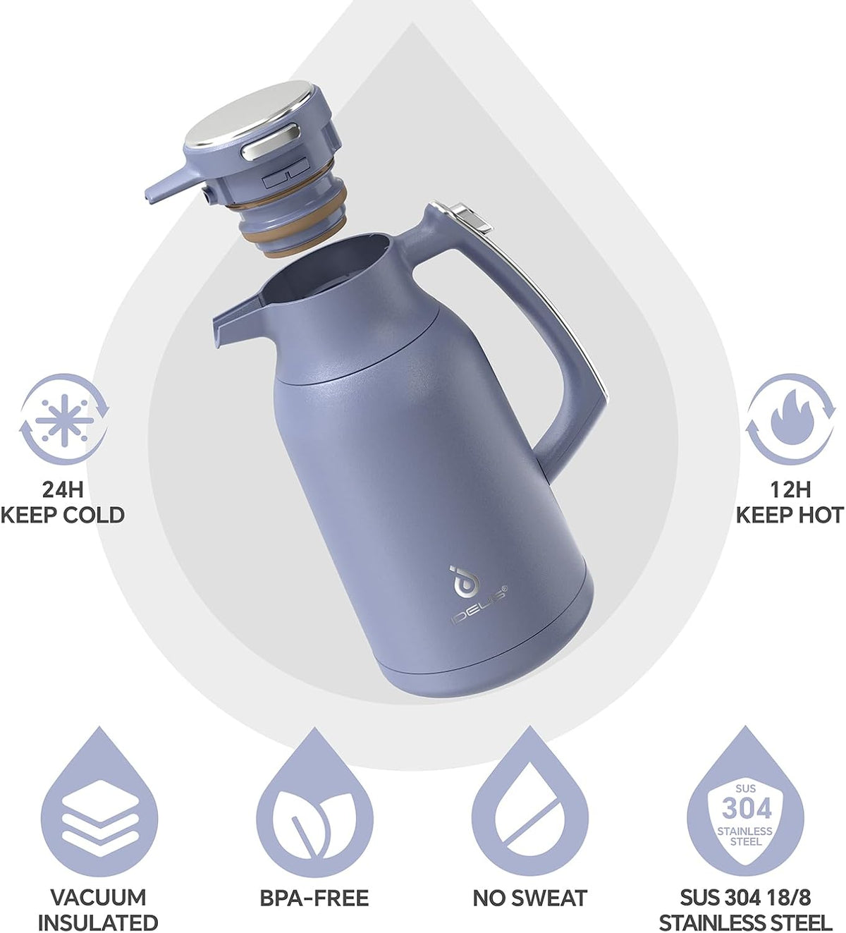 IDEUS Thermal Coffee Carafe 68oz (2,000ml), Stainless Steel Double Wall Insulated Vacuum Flask, Water Jug Coffee Server and Beverage Dispenser, Heat and Cold Retention (Ocean Blue, 68oz (2,000ml))