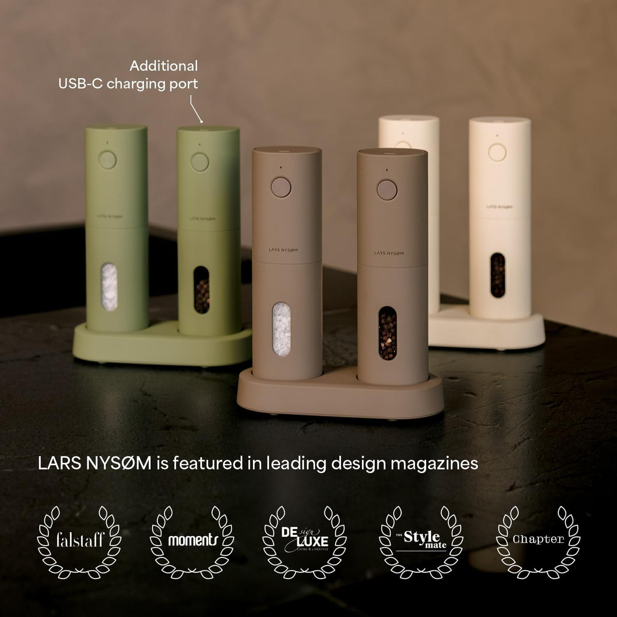 LARS NYSØM Electric Salt and Pepper Grinder Set, USB Rechargeable, Automatic Salt and Pepper Mills, Spice Shakers Refillable with LED Light, Adjustable Coarseness, Ceramic Grinder (Black/White)