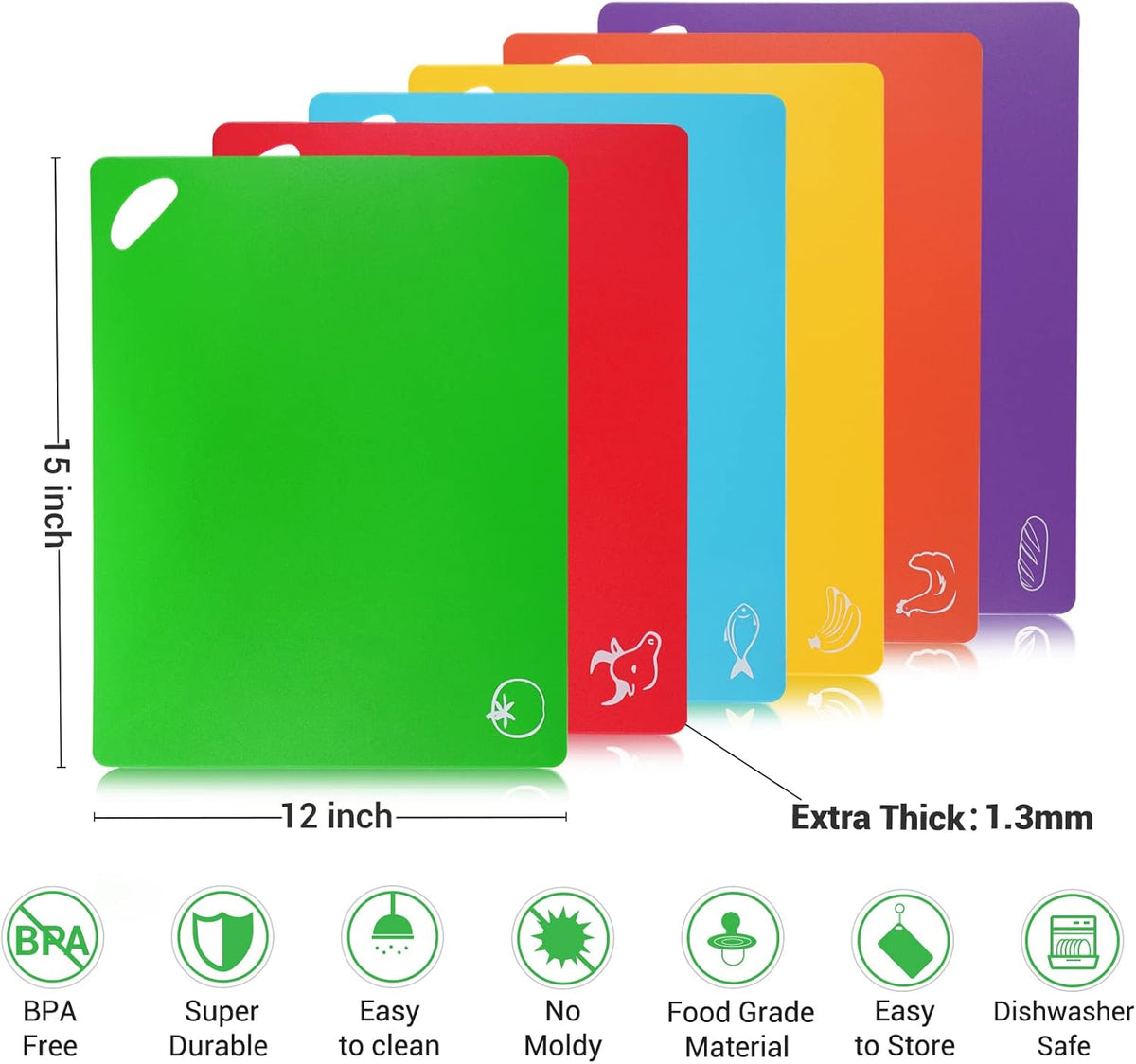 Cutting Board Mats Set, Extra Thick Flexible Plastic Kitchen Chopping Board, Colored Mats with Food Icons & Easy-Grip Handles, Dishwasher Safe, Set of 6