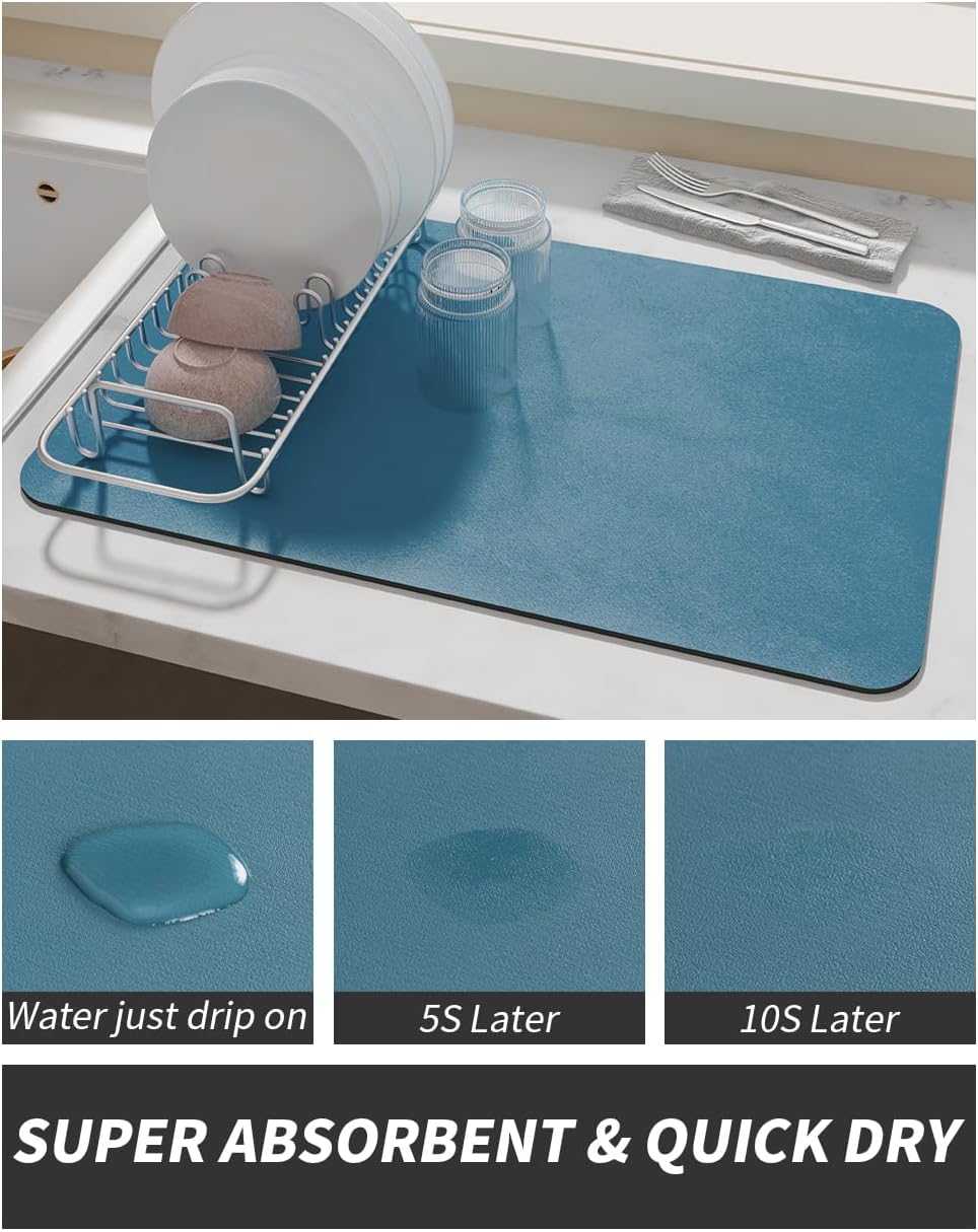 AMOAMI-Coffee Mat Hide Stain Rubber Backed Absorbent Dish Drying Mat for Kitchen Counter-Coffee Bar Accessories Fit Under Maker Machine Pot Espresso Machine Dish Rack Blue