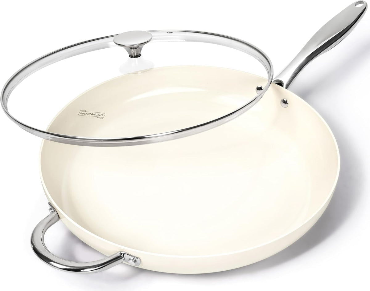 MICHELANGELO Large Frying Pan with Lid, 14 Inch Ceramic Skillet with Nonstick Coating, Healthy Non Stick Fry Pan, Induction Compatible, White