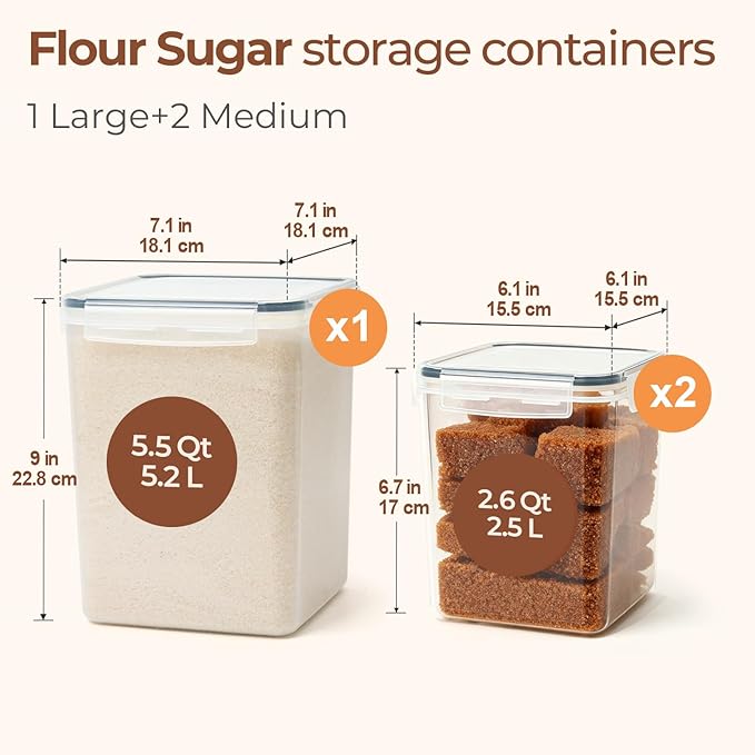 ComSaf Flour Sugar Storage Containers Set of 3 (5.2L/5.5Qt) (2.5L/2.6Qt*2), Large Airtight Food Storage Containers with Lids, Plastic Canisters Sets for Kitchen, Pantry Organizers for Rice and Baking