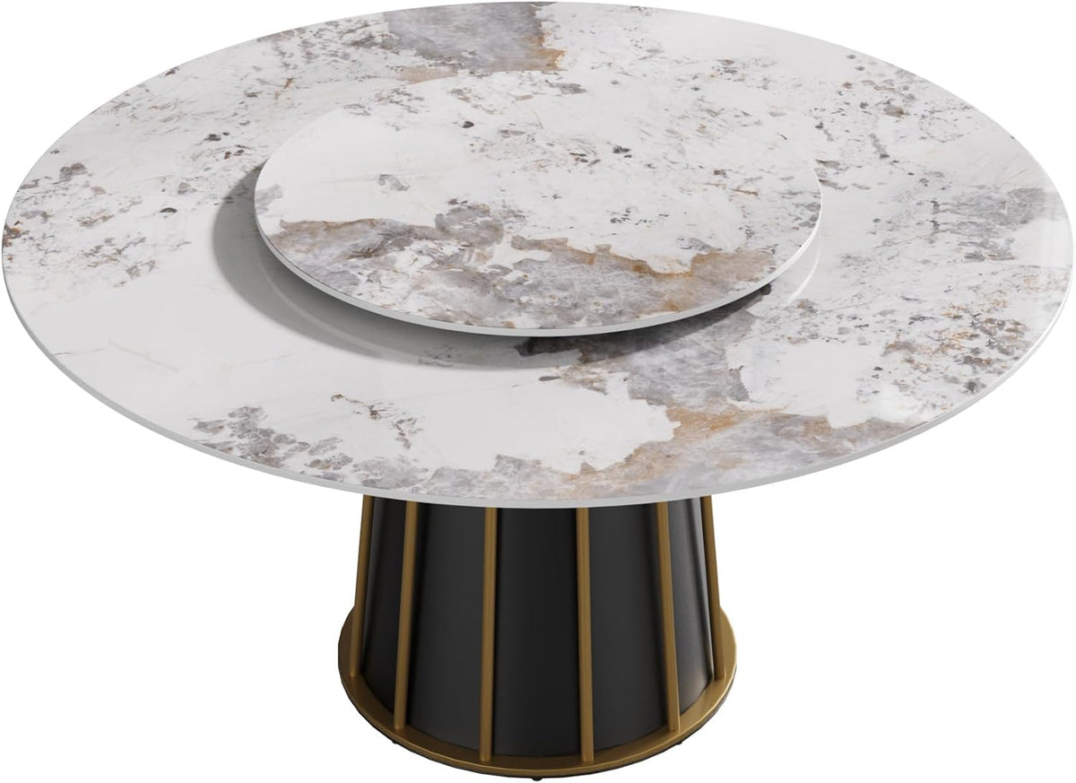 Montary 59" Modern Artificial Marble Round Dining Table with Metal Iron Base & 31.5" White Sintered Stone Turntable, Dining Room Table with Lazy Susan for 6-8 (Only Table)