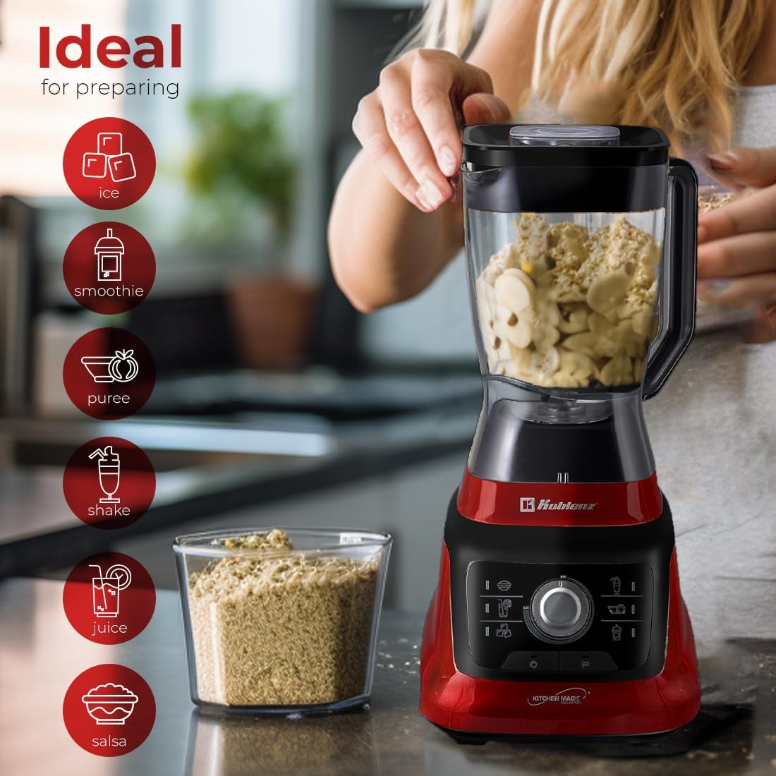 Koblenz Bob Blender, Countertop with Reversible motor, Speed Knob and 6 Functions, 1400-watt Motor, 68 oz. Capacity, Super Silent Operation, Includes 1 To-Go Cup and Tamper, Black/Red, LKM-9608