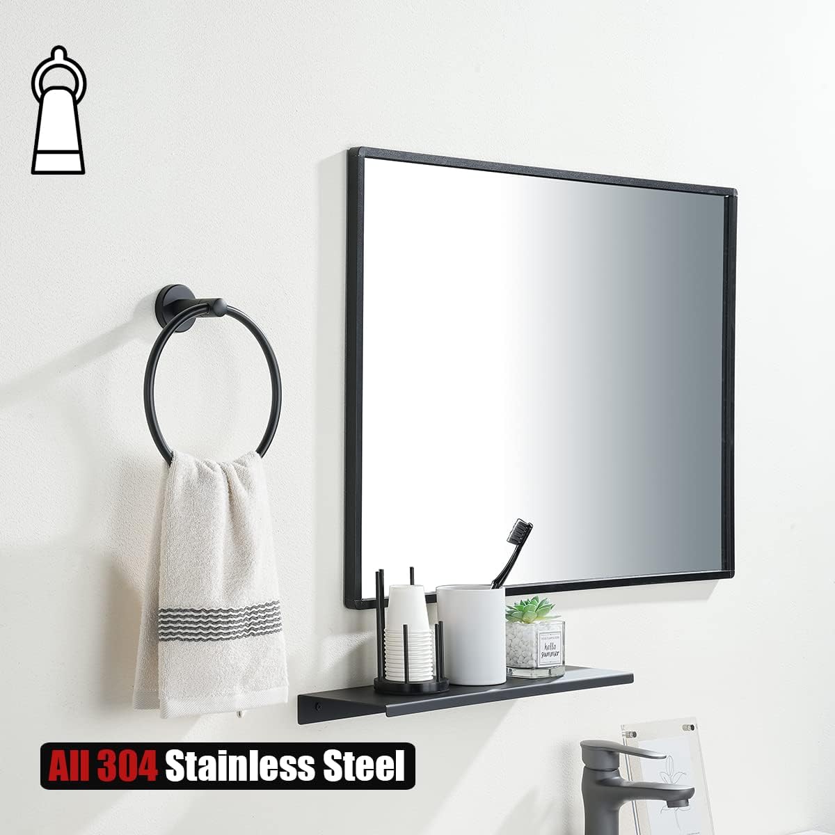 JQK Black Towel Ring, 304 Stainless Steel Matte Black Hand Towel Holder for Bathroom, Wall Mount, TR130-PB