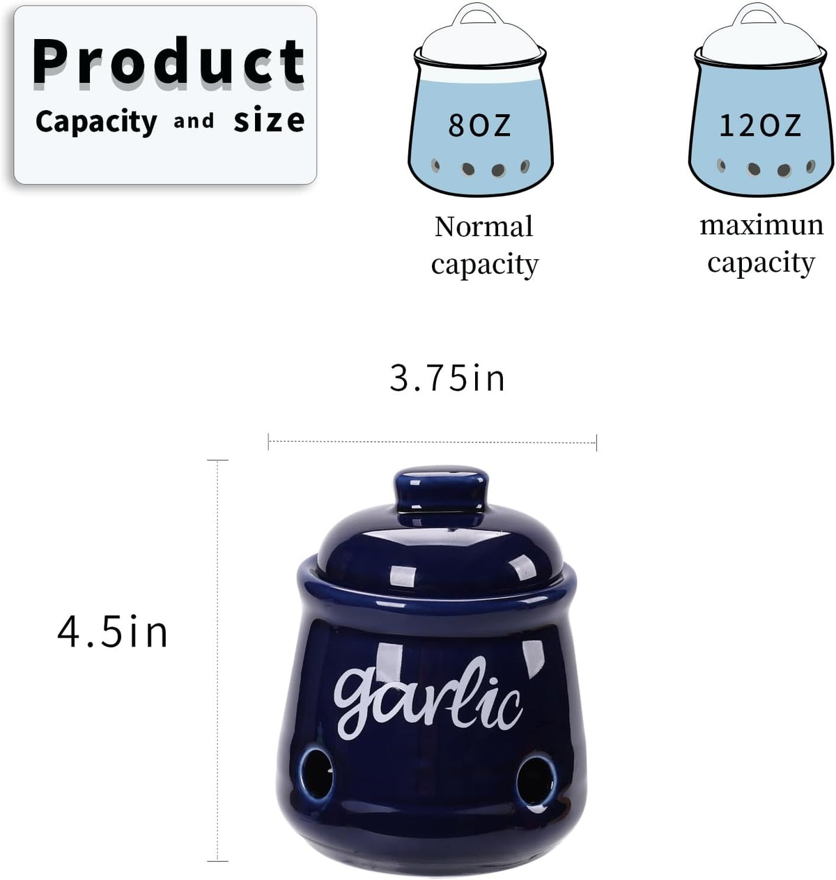 HAOTOP Garlic Keeper with Lid, Ceramic Mini Garlic Saver Container for Countertop, Farmhouse Kitchen Decor (Navy)