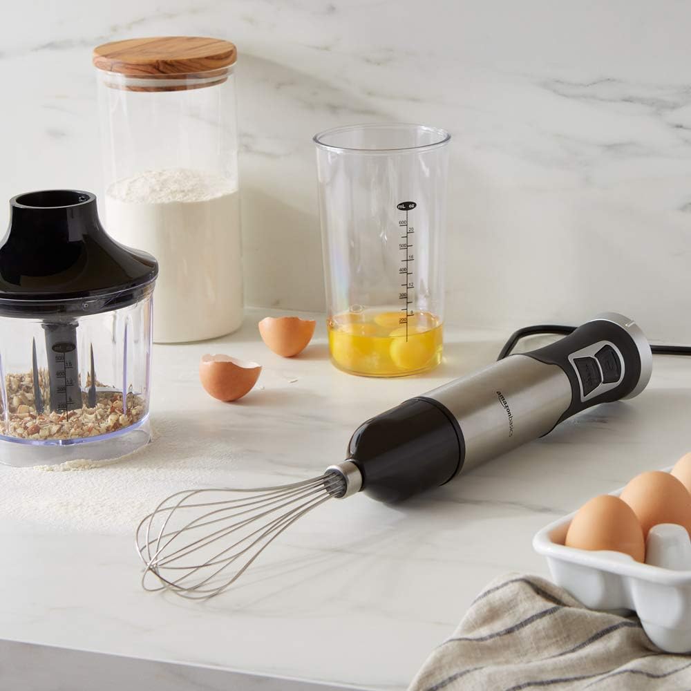 Amazon Basics Multi-Speed Immersion Hand Blender for Kitchen Mixing, Smoothies, Soups, 500 Watt Powerful, with Blending Stick, Whisk, Chopper and Beaker, Silver
