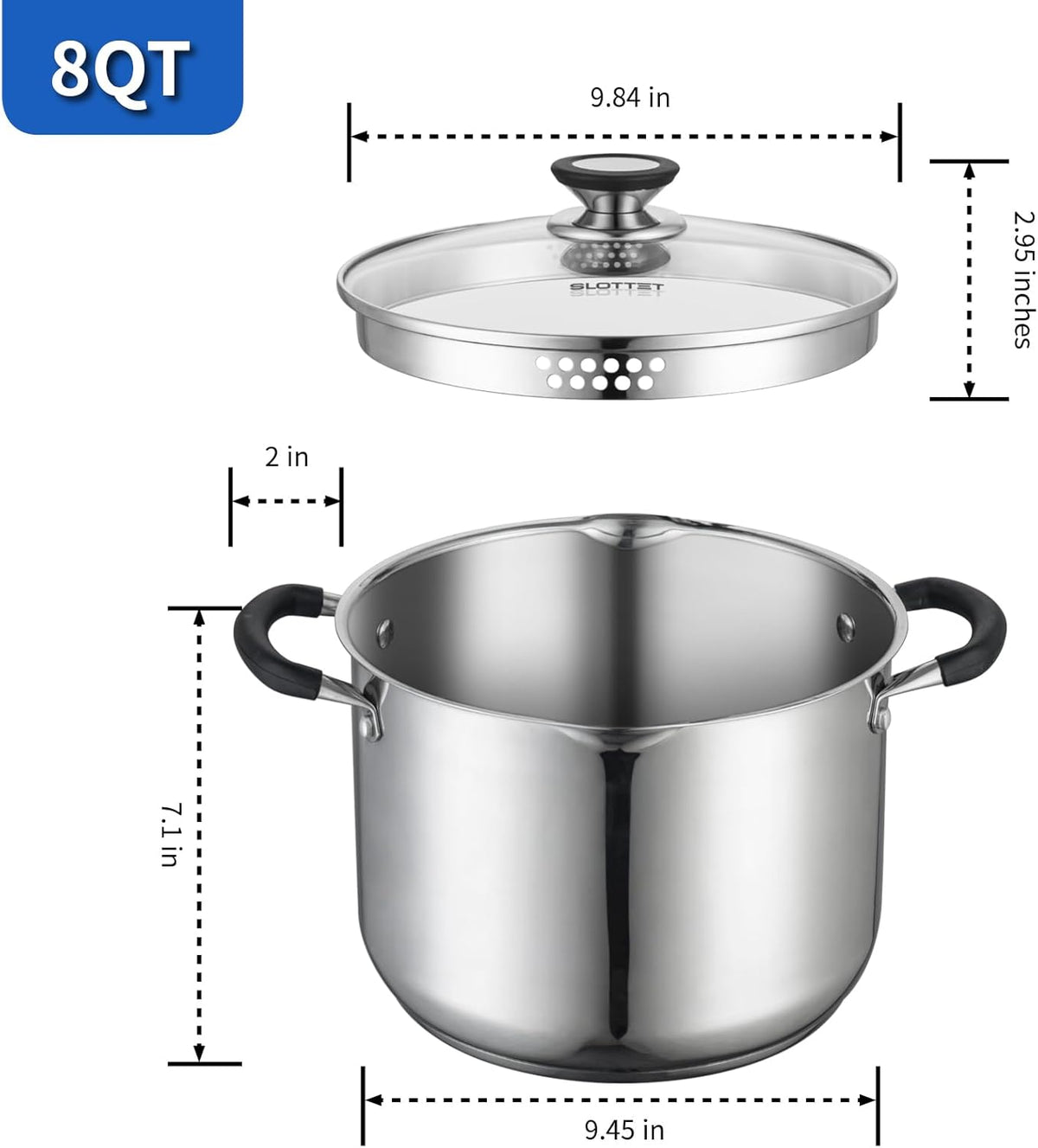 8 Quart Stainless Steel Stock Pot with Strainer Glass Lid,8 Qt Multipurpose Stockpot with Pour Spout,Stay-cool silicone Handle.