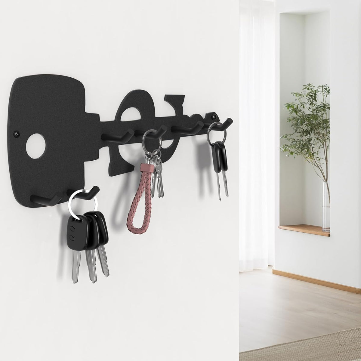 PMMASTO Key Holder Wall Mounted, Key Hooks for Wall, Stainless Steel Black Key Organizer with 6 Hooks, Decor Rack for Entryway, Hallway, Garage, Mudroom, Office