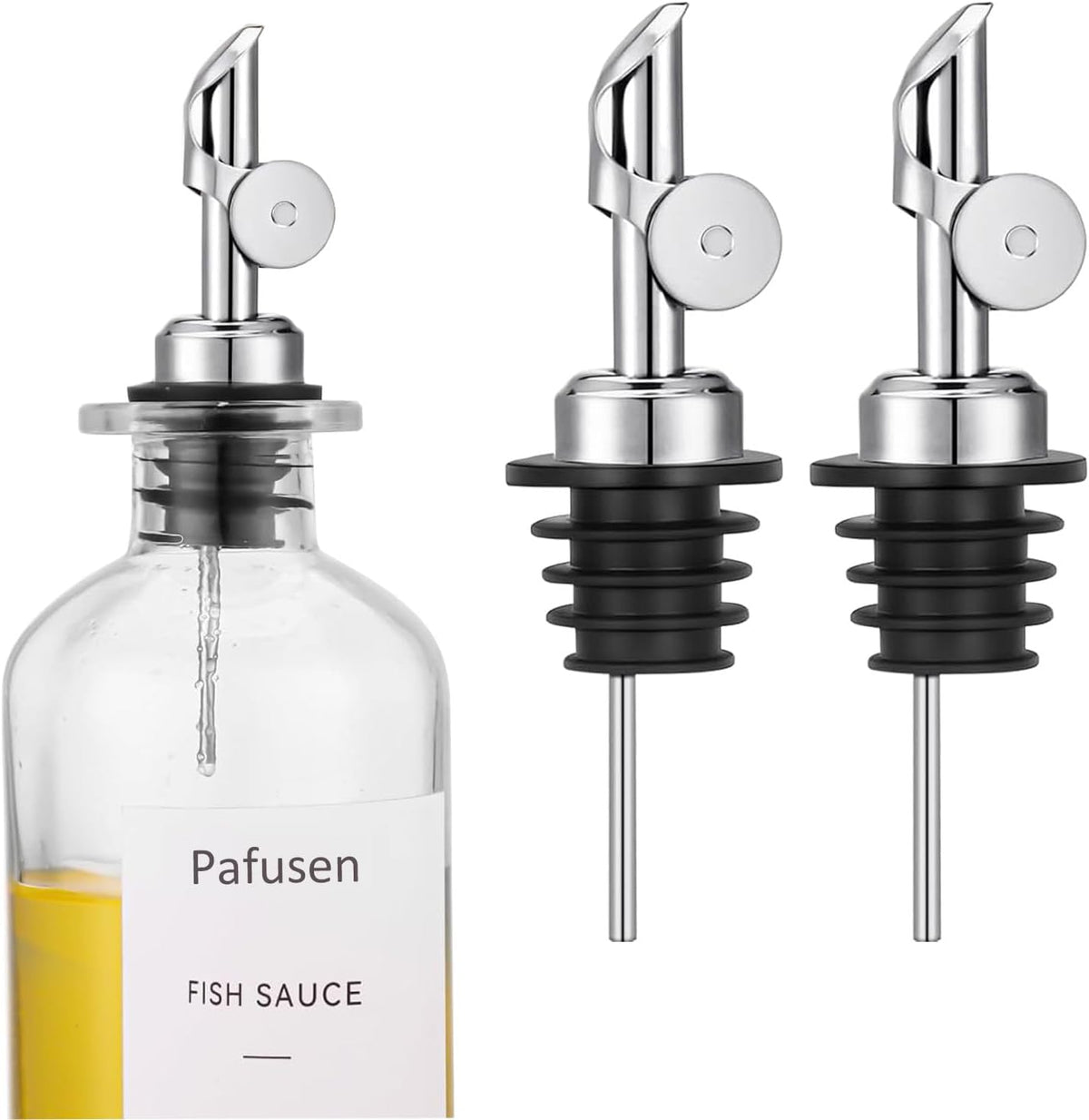 Pafusen 2 Pack Auto Flip Olive Oil Dispenser Spout, Liquor Pour Spout, Oil Dispenser Top, Easily Turn Your Bottles into Dispensers for Liquor, Vinegar, Oils, Weighted Pourer, Silvers