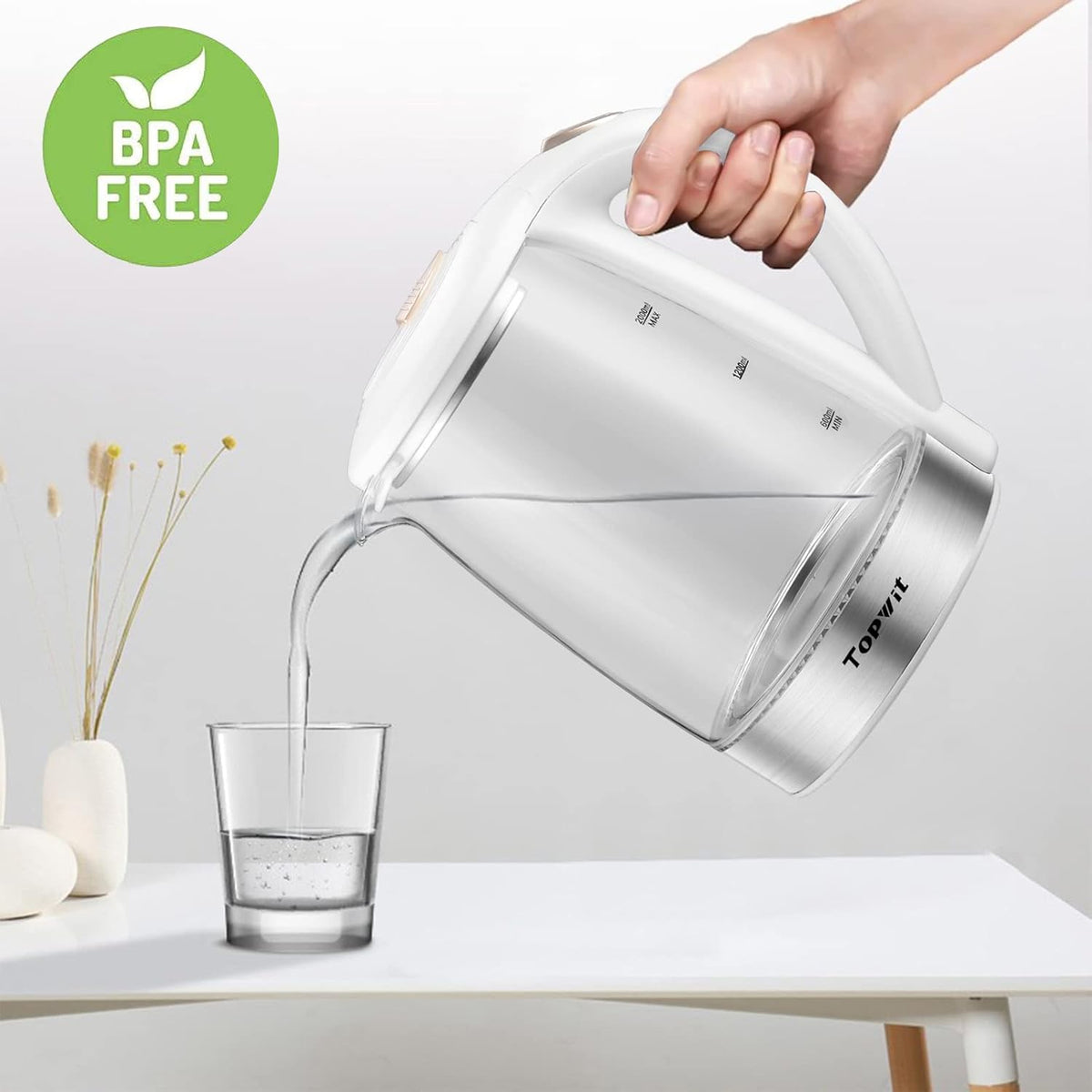 Topwit Electric Kettle Glass Electric Tea Kettle, 2L BPA-Free Hot Water kettle, Stainless Steel Inner Lid and Bottom Water Warmer, Fast Heating with Auto Shut-Off and Boil Dry Protection, White