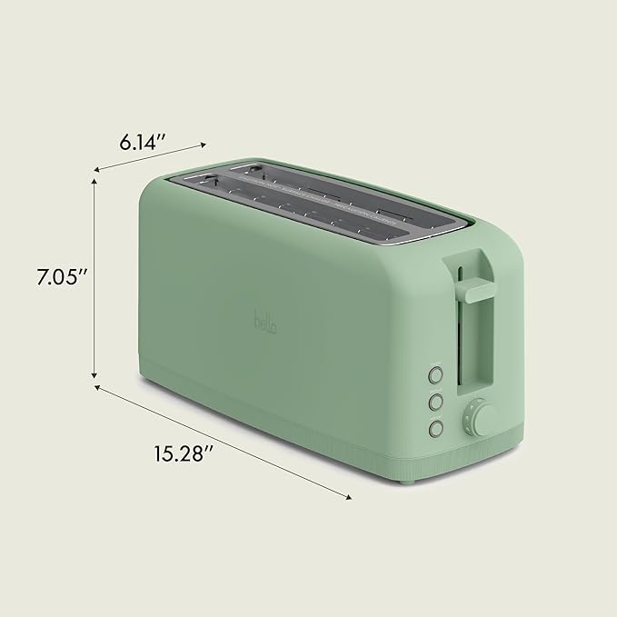bella 4 Slice Slim Toaster, Fits-anywhere™ Kitchenware, 6 Setting Shade Control with Reheat & Cancel Buttons, Fits Sourdough, 10” Long Slot, Anti Jam & Auto Shutoff, 900 Watt, Seaglass