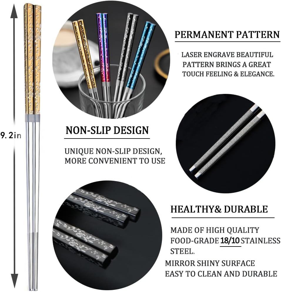 Metal Chopsticks With Case Stainless Steel Chopsticks Titanium Plated Reusable Chopstick lightweight Engraved Non-slip 18/10 Korean Japanese Chinese Chopsticks,Dishwasher Safe 2 Pairs Set(BJ-Black02)