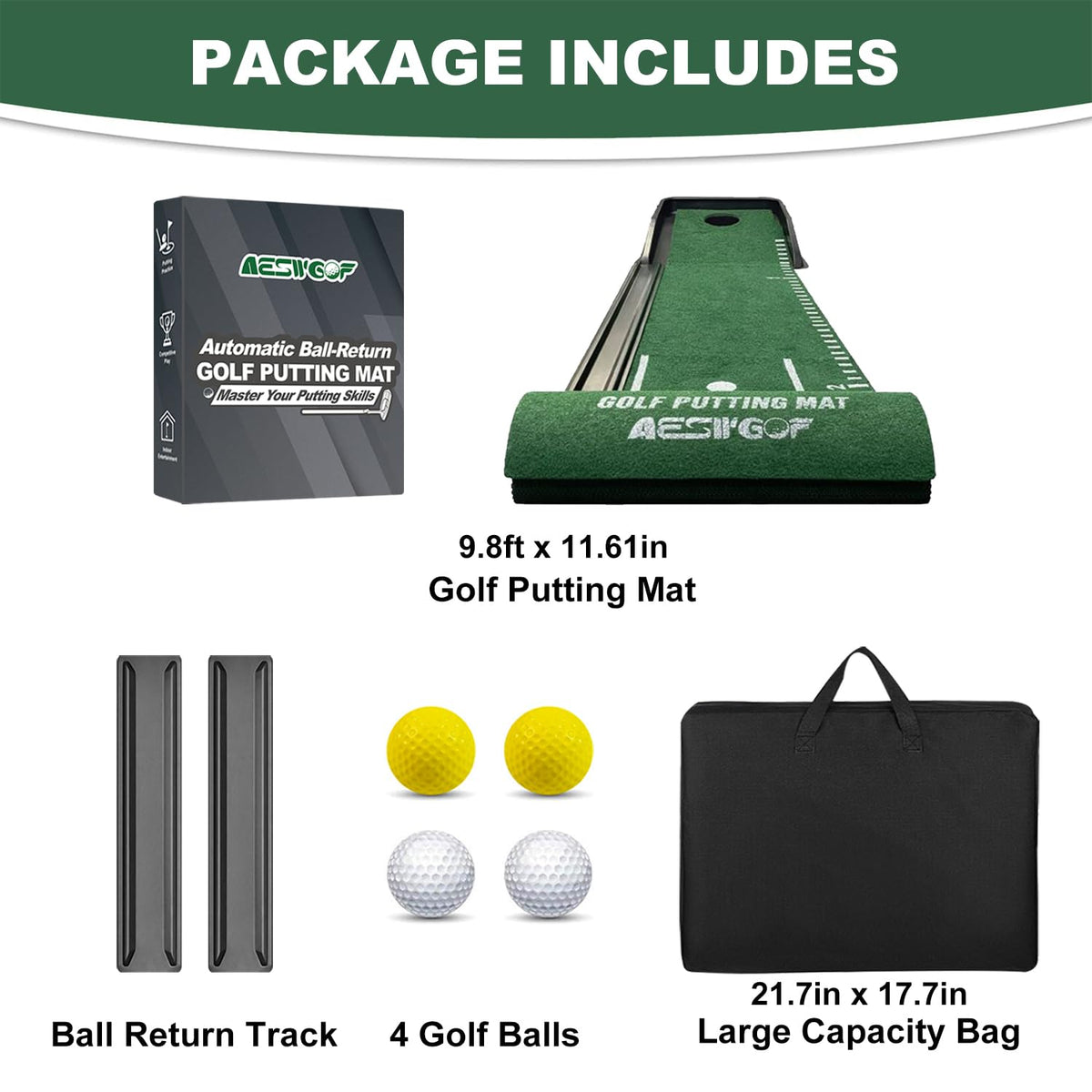 Golf Putting Mat Set with 9.8 ft Putting Green, 4 Golf Balls for Indoor Use
