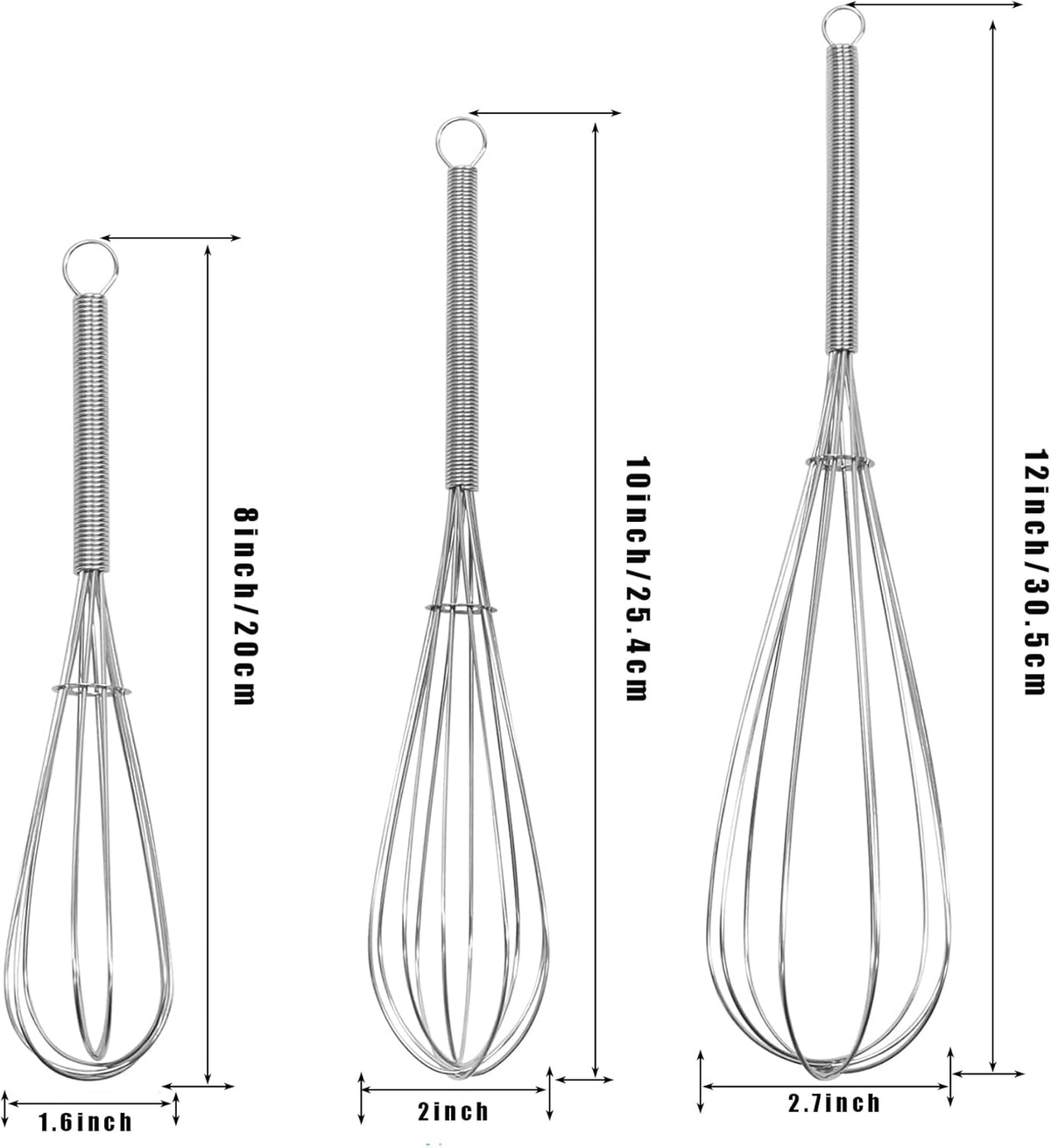 Mini Whisk 3-Pack - 8, 10 & 12 Inch Heavy-Duty 304 Stainless Steel Wire Whisks for Cooking, Baking, Eggs, Sauces & Creams (Ergonomic Spiral Handle, Silver, Dishwasher Safe)