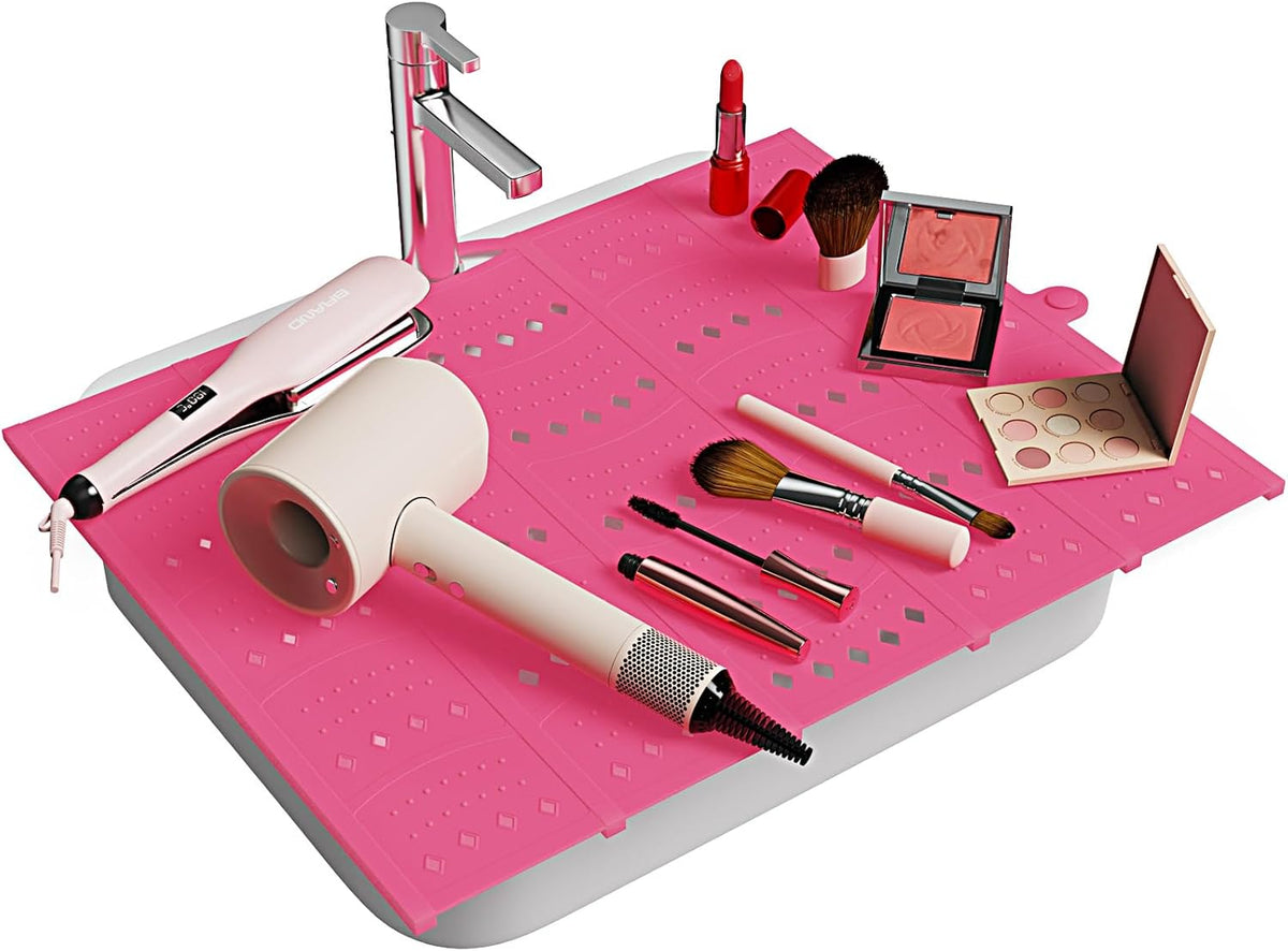 Bathroom Sink Cover for Counter Space, Sink Mat Foldable Sink Cover, Silicone Makeup Organizer Mat Space Saver, Small Bathroom & Rv Camper Travel Must Haves Accessories, Pink