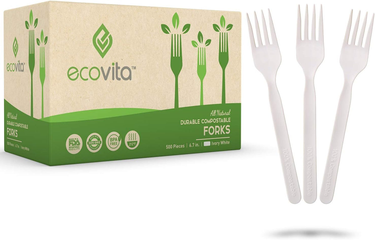 100% Compostable Forks - 500 Large Disposable Utensils (7 in.) Bulk Size Eco Friendly Durable and Heat Resistant Alternative to Plastic Forks with Convenient Tray