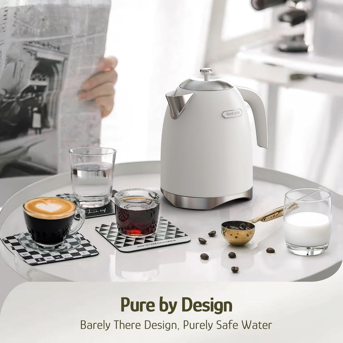Hazel Quinn Electric Kettle - 1.7 Liters (57oz) Stainless Steel Water Kettle, BPA-Free Interior, 1200W Fast Boiling, Cordless, Rotational Base, Automatic Shut Off & One-Touch LED - Pearl White