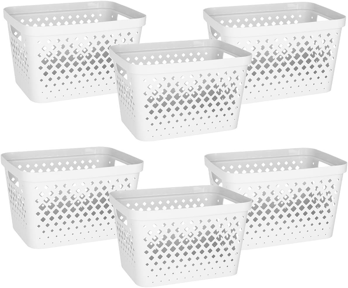 Glad Plastic Storage Basket Set, Value Pack of 6 | Open Storage Bins for Shelves, Bathroom, Pantry, Closet | Nesting Organizer Boxes with Handles, 4 Gallon, White