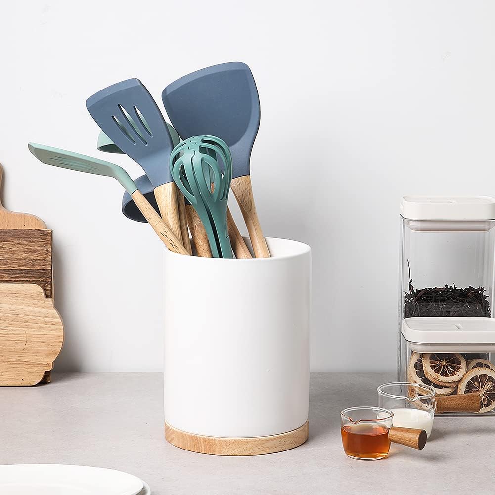 Sweejar Kitchen Utensil Holder with Wooden Bottom, 8.2" Ceramic Utensil Crock to Hold Spatulas for Cooking Countertop, Housewarming, Wedding, Birthday Gift (White)