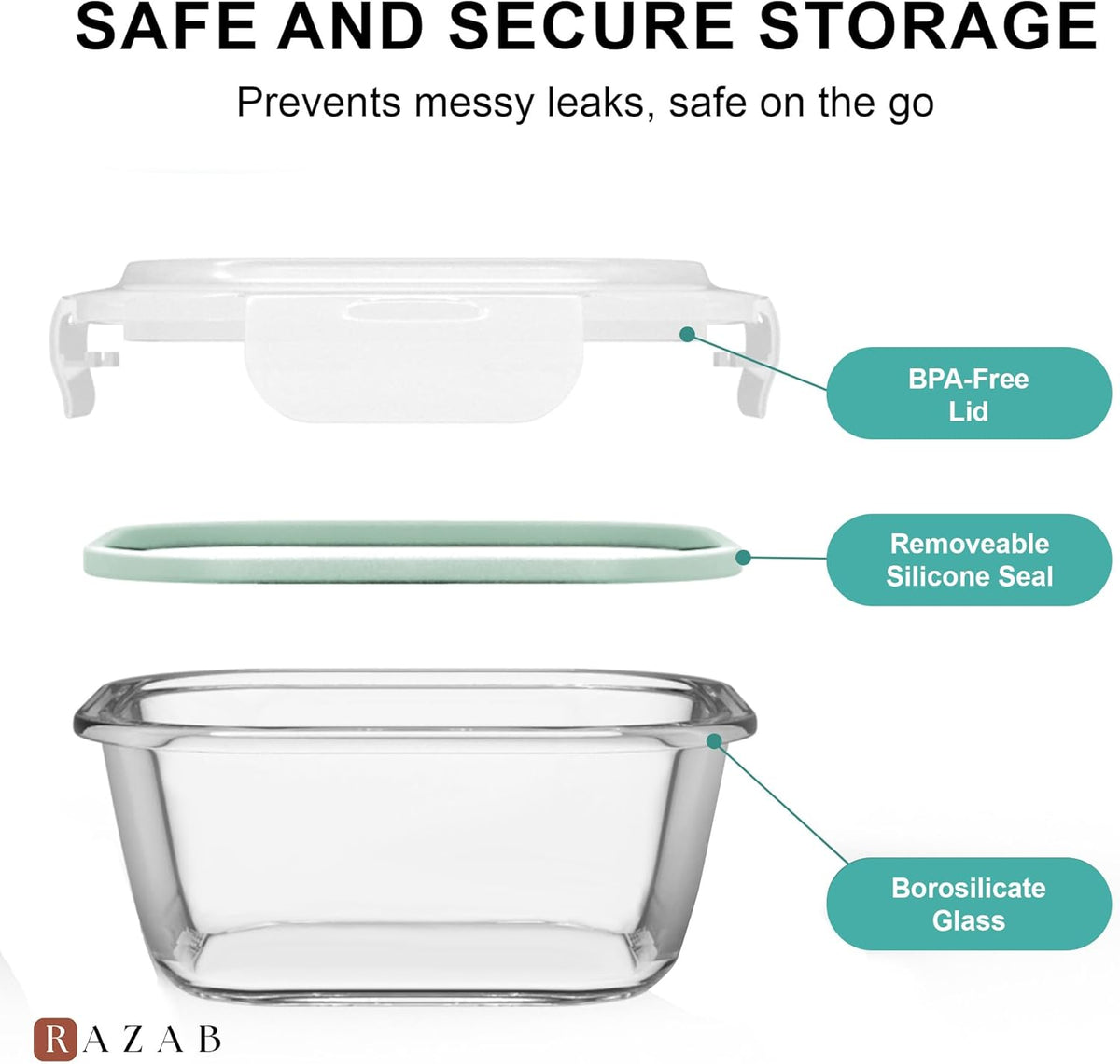 Razab 6 PC Square Glass Food Storage Containers with Airtight lids (74, 40 & 27 oz) Kitchen Glass Meal Prep Containers Set for Freezer Reusable Leftover Lunch Boxes, Oven, Microwave, Dishwasher Safe