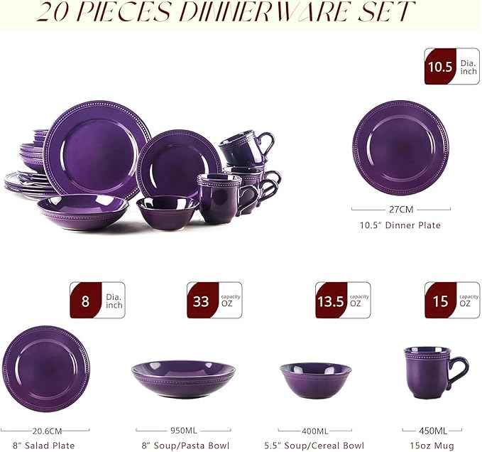 Pearl Dots Stoneware Dinnerware Set (20pc Set, Purple)