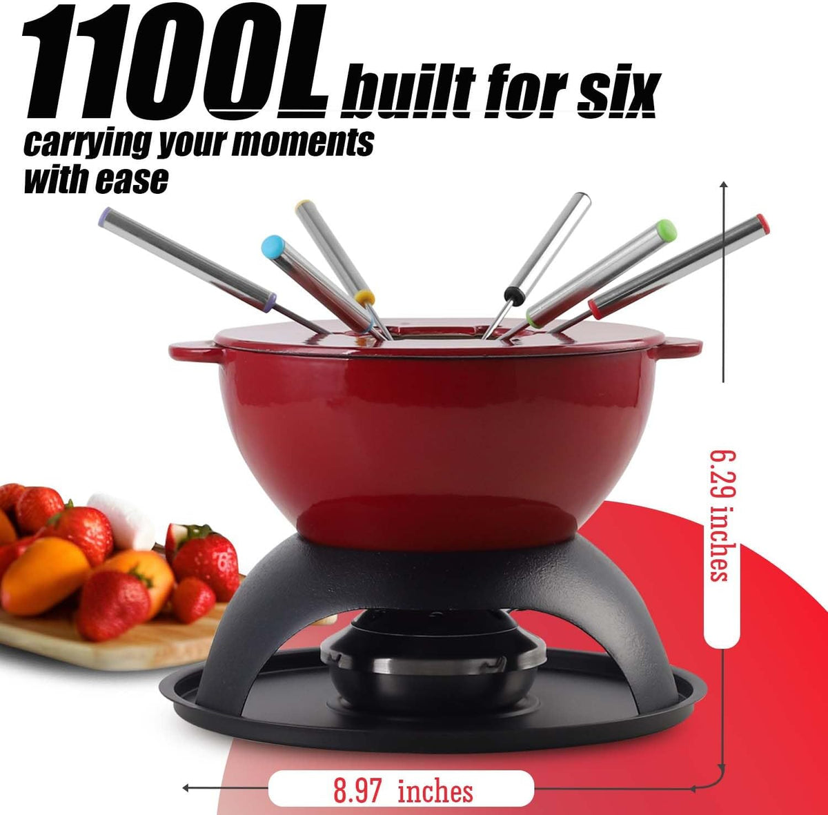 Artestia Cast Iron Cheese Fondue Set 11-Piece with Adjustable Burner, 6 Colored Forks, 5-Cup Red Swiss Fondue Set for Cheese, Chocolate, Caramel, Meat – Family Size 4-6 Persons