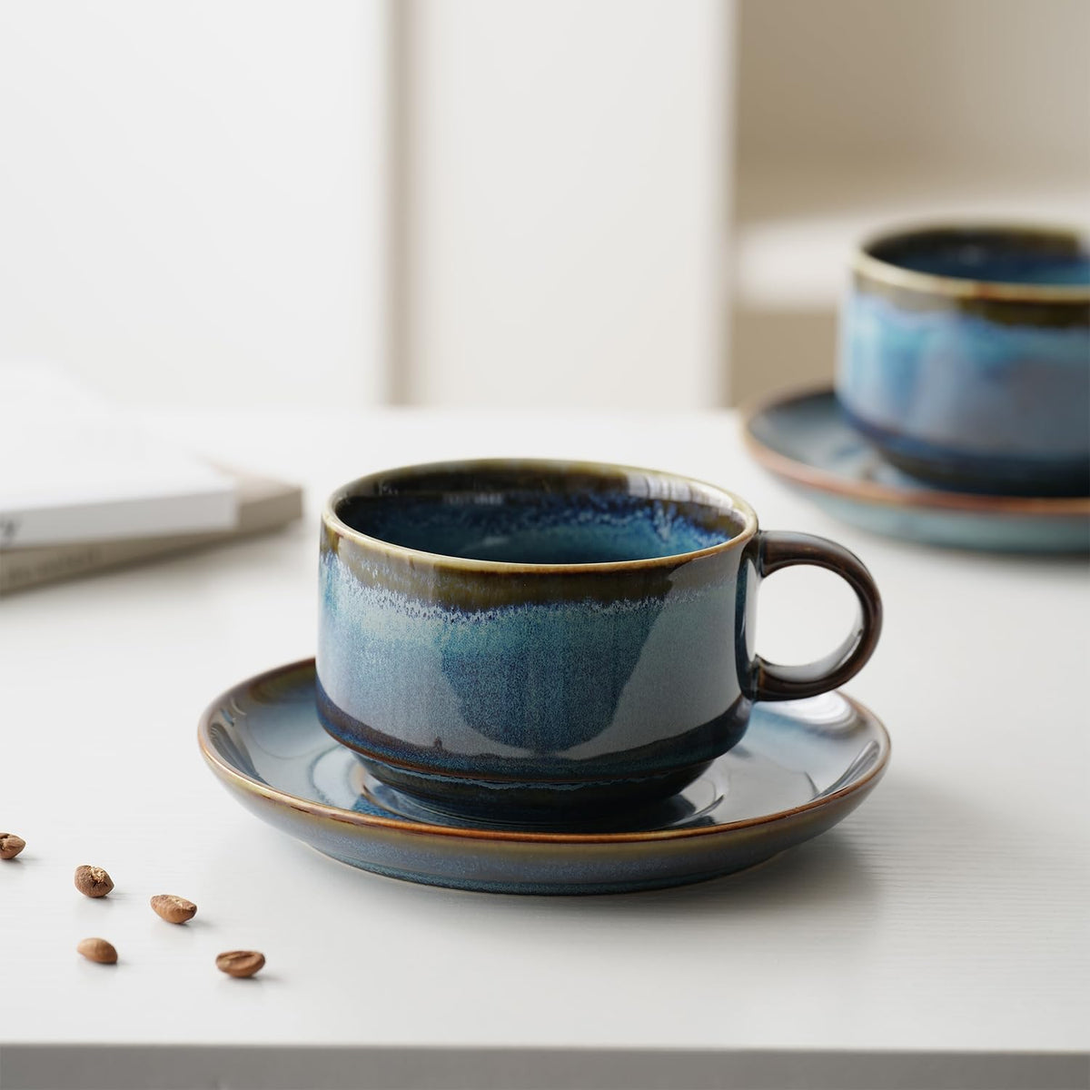 Ceramics 10oz Cappuccino Cups with Sacuer, Set of 2, Coffee Cup for Au Lait, Latte, Tea, Mocha-Set of 2, Dishwasher and Microwave, Reactive Blue