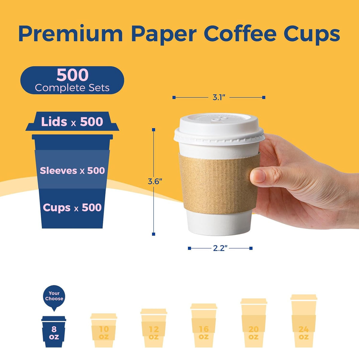Fit Meal Prep 500 Pack 8 oz Disposable Coffee Cups with Lids, Sleeves, Leak-Proof To Go Coffee Cups with Lids, Durable Hot Paper Cups for Home, Office, Party, Business