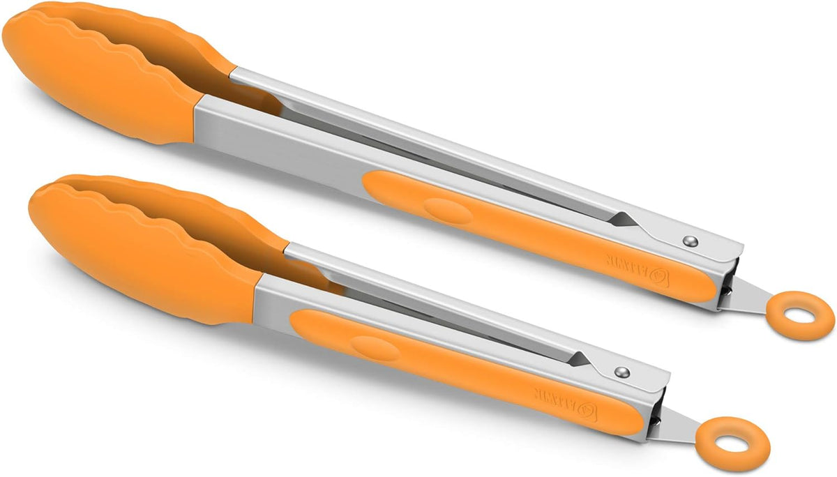 9-Inch & 12-Inch Premium Stainless Steel Food Tongs, Orange Silicone BPA Free Non-Stick BBQ Cooking Grilling Locking Kitchen Tong