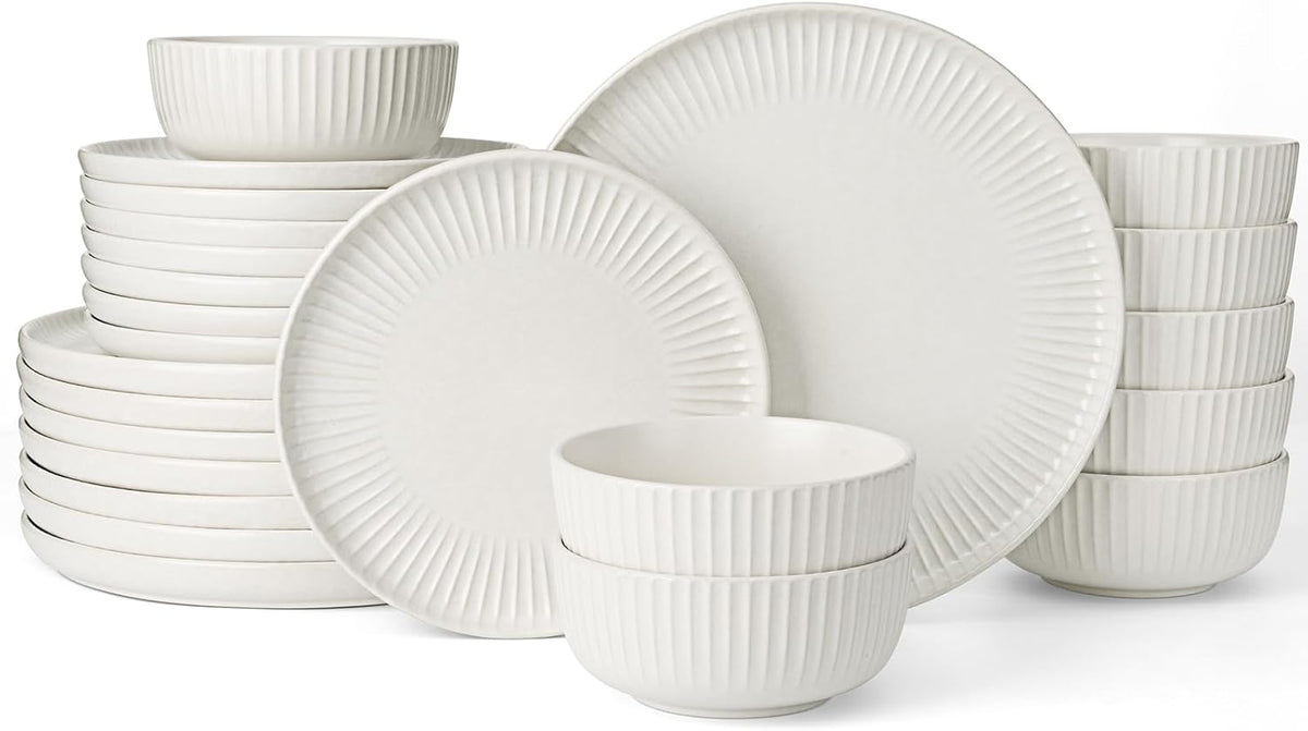 Famiware Starlight Dinnerware Sets, Plates and Bowls Dish Set of 8 (24 Pieces), Ribbed Textured Tableware - Dishwasher & Microwave Safe, Chip Resistant, Reactive Glaze, Matte Reactive White