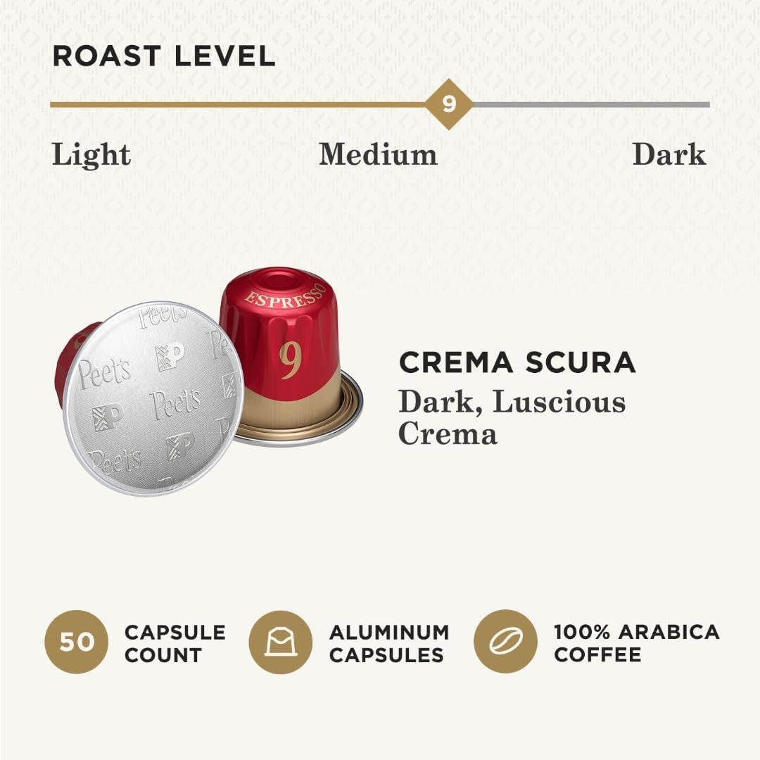 Peet's Coffee, Medium Roast Espresso Capsules, Compatible with Nespresso Original Machine - Crema Scura Intensity 9, 50 Count (5 Boxes of 10 Espresso Capsules)
