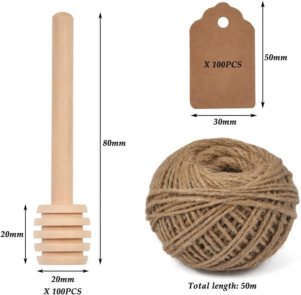 100pcs Honey Dipper Sticks, 3 inch Wooden Honey Dipper Honey Stirrers Honey Spoon with Natural Jute Twine Kraft Paper Tags for Honey Jar Dispense Drizzle Honey Wedding Party Favors Honey Server