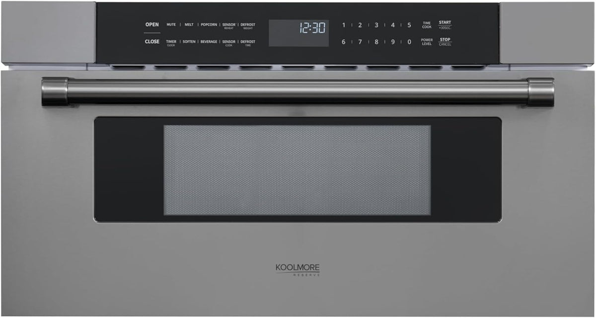 KoolMore Reserve 30 in. 1.2 cu. ft. Microwave Drawer with 10 Power Levels, Sensor Cooking, Melt, Defrost, Bake, Roast, Broil, Timer, Express Cook, 1500 Watts, UL Certified in Black Stainless-Steel