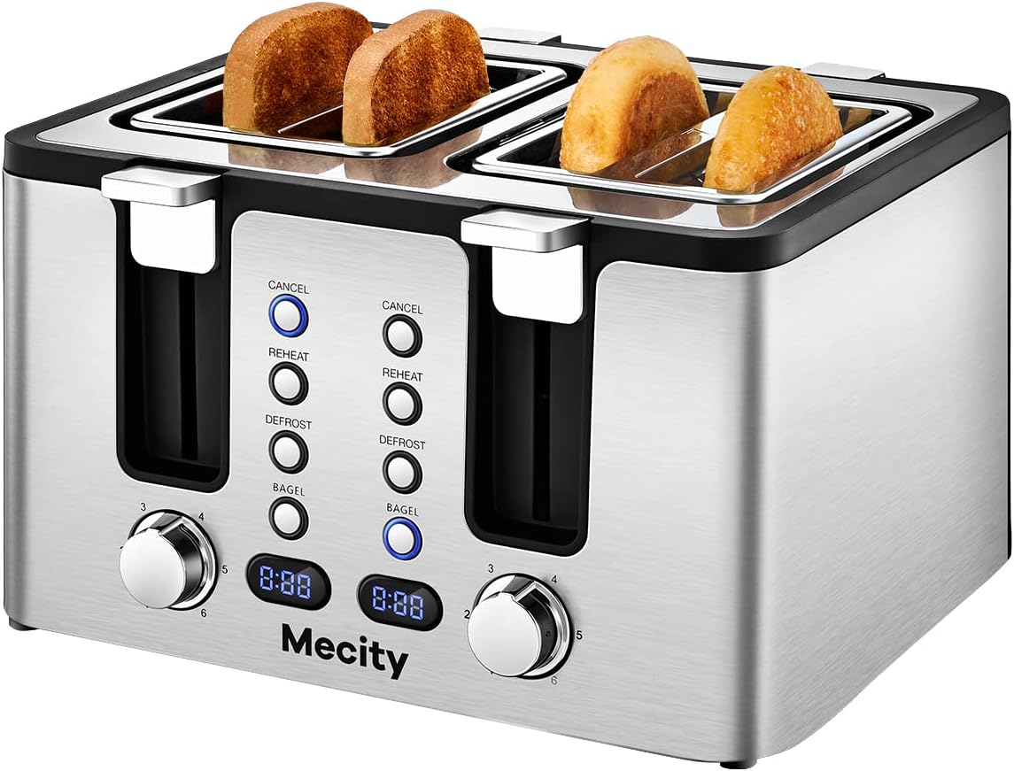 Mecity 4 Slot Stainless Steel Toaster - 4 Slice With Warming Rack, Cool to Touch, Bagel/Defrost/Reheat Functions, Removable Tray, 6 Browning Settings, Extra Wide Slots, 1500W